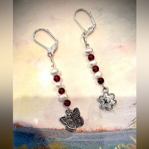Freshwater seed pearl and Garnet bead Butterfly Flower Earrings New!